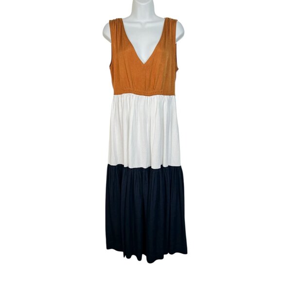 Anthropologie En Saison V-Neck Colorblock Maxi Dress Brown White Navy Medium - Picture 7 of 15